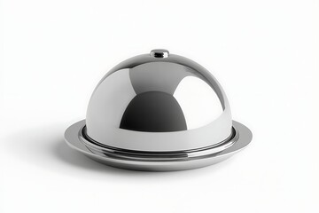 A polished silver dome cloche on a plate, presenting an icon of culinary service and dining elegance, symbolizing catered meals.