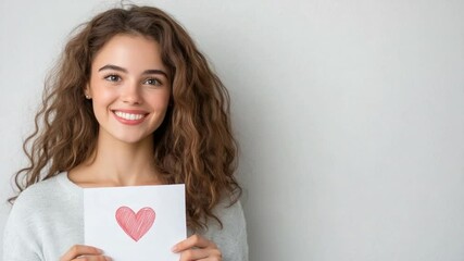 Love's Tender Message: A radiant young woman, radiating warmth and joy, holds a heartfelt note with a hand-drawn heart. The image is an ode to affection and sharing simple moments of love. 