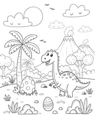 — Black and white vector outline, smiling dinosaurs, volcanoes, trees, eggs, and clouds. For coloring books and printable activities.
