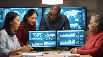 Team Analyzing Data Graphs Together at Computer Monitors - Powered by Adobe