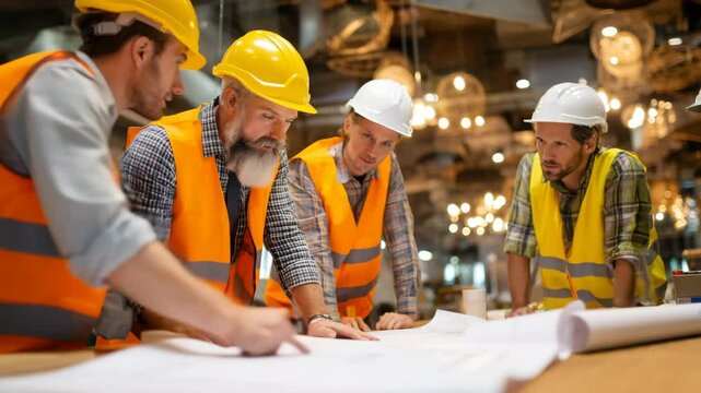 Construction Team Reviewing Blueprints on Job Site