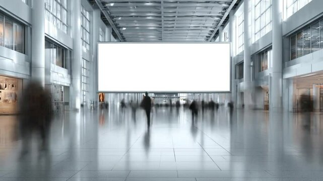 Large empty billboard in modern building lobby with many people day