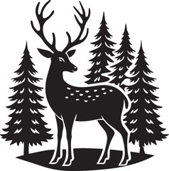 Obraz premium deer with pine trees and forest scenery silhouette vector icon, deer with pine trees and forest scenery illustration