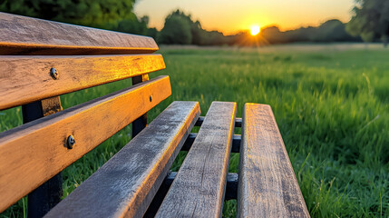 Fototapeta premium Tranquil park scene featuring a weathered bench basking in the sunset glow