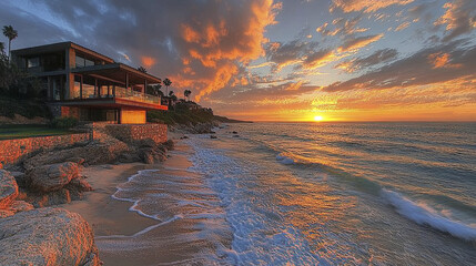 stunning oceanfront property at sunset, showcasing vibrant colors and serene waves