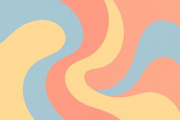 Abstract organic design with swirling curves and layered shapes, soft pastel hues of baby blue, coral pink, and butter yellow, grainy noise texture, modern warm aesthetic