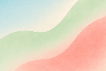 Calm and modern abstract layout with soft curves and gradient transitions, watercolor-inspired pastel palette with light sky blue, soft green, and coral red, digital grain overlay