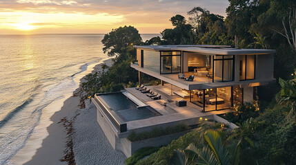 Fototapeta premium Modern oceanfront property with stunning sunset views and luxurious amenities