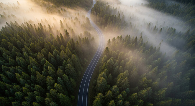  Imagem a&eacute;rea de uma estrada sinuosa cortando uma floresta densa, com n&eacute;voa suave pela manh&atilde;.