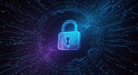 Fundo escuro com um cadeado digital feito de luzes ou partículas, representando segurança digital.