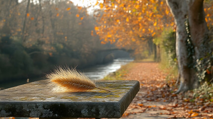 Golden wheat on mossy stone bench evoking autumn serenity along river canal