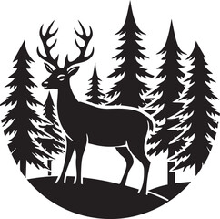 deer with pine trees and forest scenery silhouette vector icon, deer with pine trees and forest scenery illustration