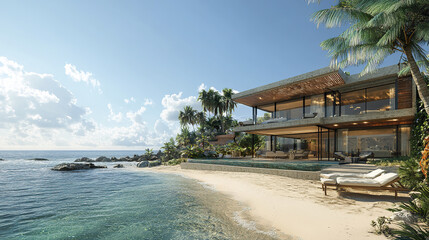 Luxurious oceanfront property with modern architecture, surrounded by palm trees and sandy beach