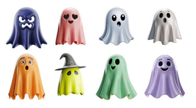 Cute cartoon ghost characters in multiple colors and facial expressions, Halloween theme, 3D glossy style, isolated on black background, ideal for holiday decorations and digital designs