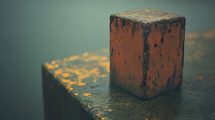 Abstract Macro Shot of a Weathered Metal Cube with Orange Rust on a Metal Surface
