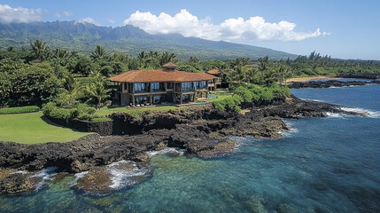 Luxurious oceanfront property with stunning views of mountains and coastline