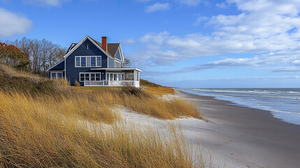 serene oceanfront property with charming blue house surrounded by tall grass and sandy beach