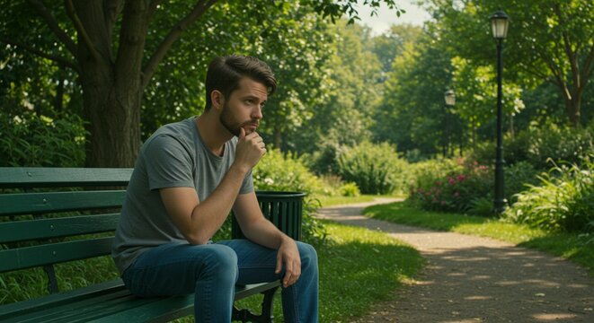 Pensive man contemplates sits alone on bench during daytime park scene with green foliage