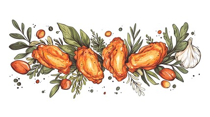 Spicy Chicken Wings with Herbs, and Garnish.