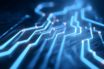 Glowing blue circuit lines on a dark background represent modern digital technology and electronic connectivity.
