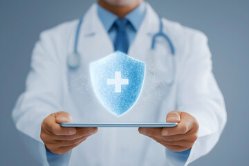 A doctor holds a tablet displaying a digital shield with a medical cross, symbolizing healthcare security and protection.