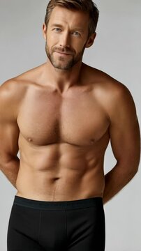 Fit athletic man in underwear posing in studio on a neutral background. Handsome adult male with six pack abs stands and poses.