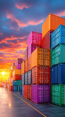 Fototapeta premium Stacked Shipping Containers at Sunset: Global Trade