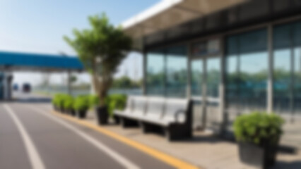 Obraz premium blurry bus stop, interior of a bus stop on the side of the road with plants around it, bright blue sky, blurry bus stop background, blurry wallpaper.