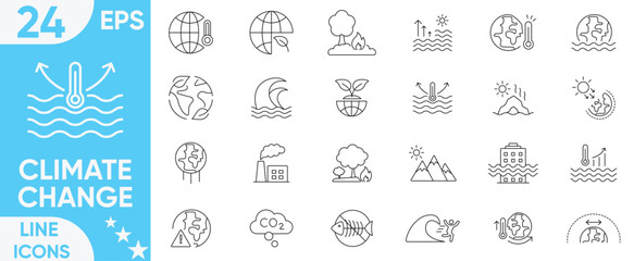 Climate Change icon set.global warming, world, greenhouse, drought, warning, no water, greenhouse, melting ice, earth pollution, disaster and more.Vector and illustrator set.