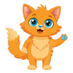 A fluffy orange kitten with wide blue eyes stands on its hind legs with a paw raised and its mouth open
 with white background
