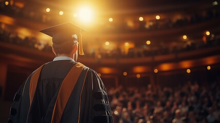 Rearview of a proud graduate walking across the stage