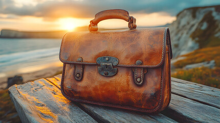 Timeless leather bag resting on weathered wood against a scenic coastline