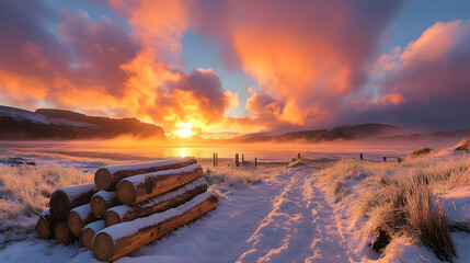 Spectacular sunrise over a winter landscape with snow-covered logs and grasses