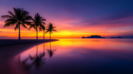 Golden tropical sunset over the ocean with palm tree silhouettes and a fiery sky