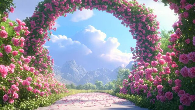 Beautiful garden path with pink rose petals and blooming flower archway, framed by mountains and bright blue sky, creating peaceful romantic bloom scene