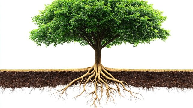 Lush green tree with extensive roots displayed against a plain background.