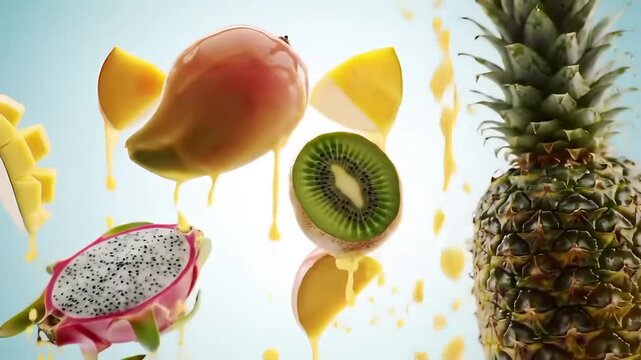 Realistic Floating Tropical Fruits with Juice Splash
