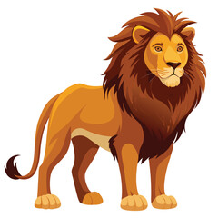 A majestic male lion with a golden and dark brown mane stands proudly, looking off to the side
 with white background