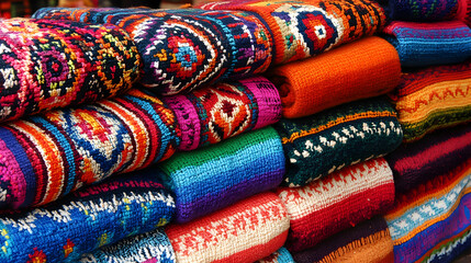 Vibrant stack of textiles with intricate designs, embodying cultural heritage