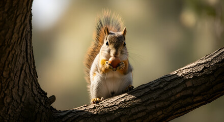 The squirrel holding a nut on a tree branch