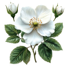 Elegant botanical illustration of a luminous flower arrangement with buds