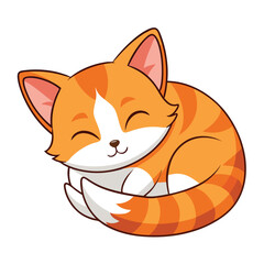 A small, orange and white kitten sleeps peacefully curled up with white background