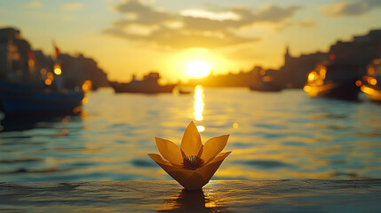 Peaceful water flower scene at dusk with warm hues and calm reflections
