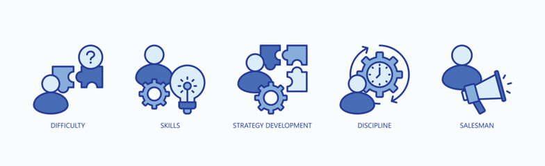 Success Framework Icon Set Isolated Vector With Icon Of Difficulty, Skills, Strategy Development, Discipline, Salesman In Blue Style