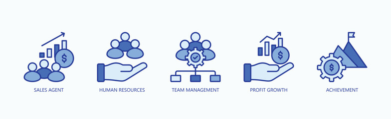 Business Excellence Icon Set Isolated Vector With Icon Of Sales Agent, Human Resources, Team Management, Profit Growth, Achievement In Blue Style