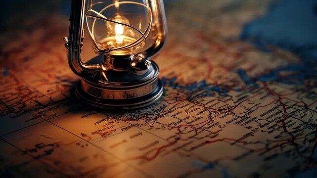 Illuminated metal lantern casts a warm glow onto an antique map, creating a nostalgic travel planning scene
