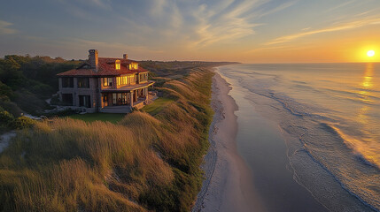 Fototapeta premium stunning oceanfront property at sunset, surrounded by lush grass and sandy beach