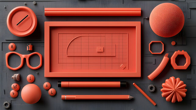 3D Red Mailbox with Drafting Tools on Gray Background