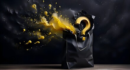 Yellow Question Mark on a Destroyed Black Paper Bag