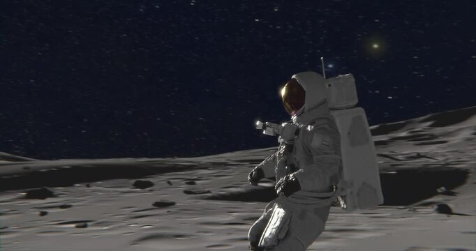 An astronaut leaps on the Moon&rsquo;s surface, revealing Earth on the horizon&mdash;half-lit by the Sun, half glowing with city lights. The lunar lander, stars, and nebula complete the cosmic scene.